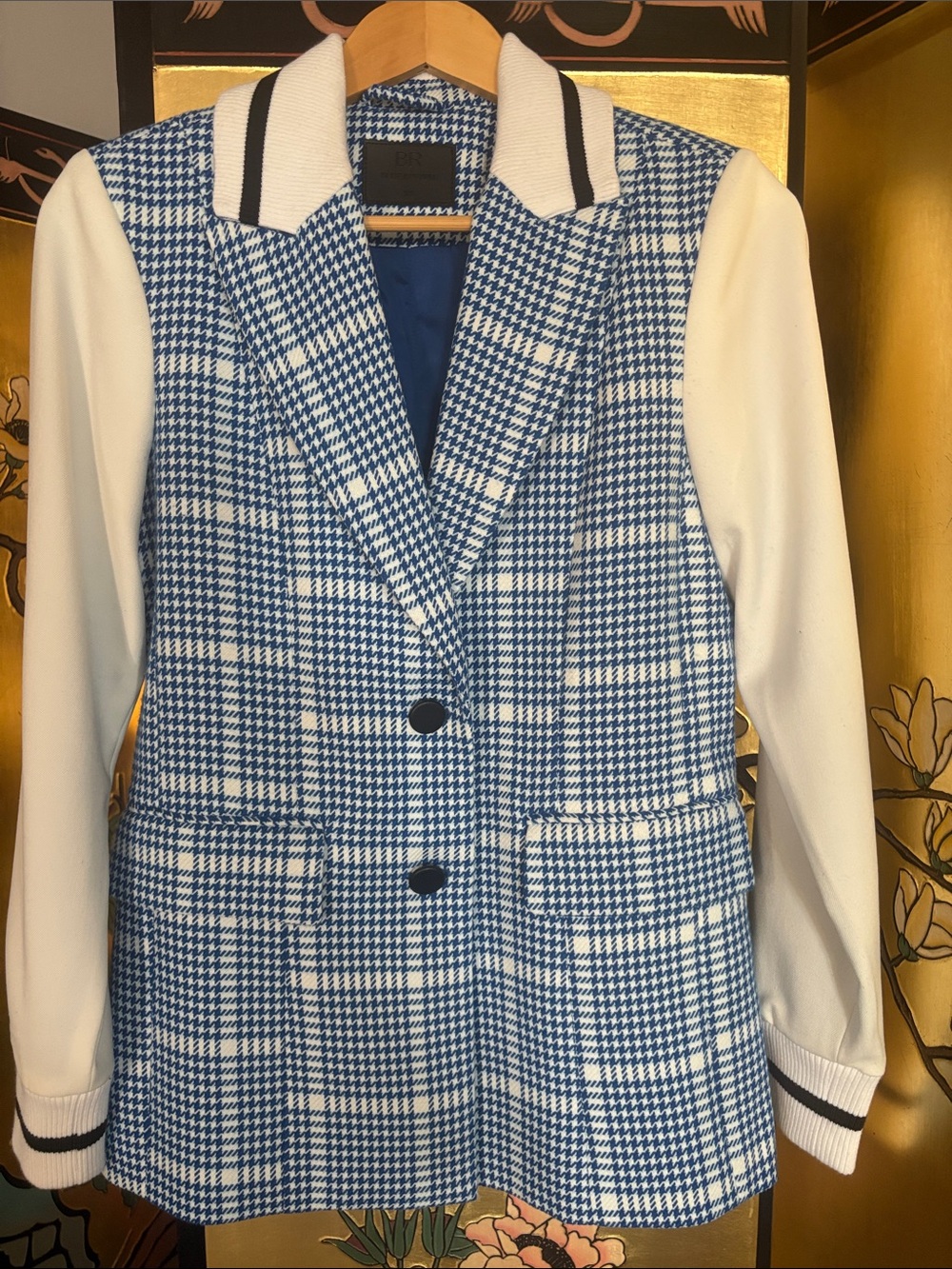 Blue & White Plaid Blazer with Cream Sleeves